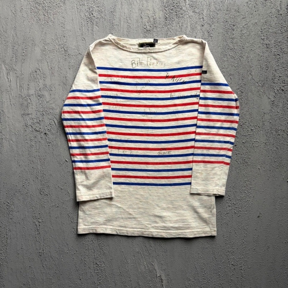 Denim Dungaree Shirt Large 150CM Cream Striped Boat Neck Japan Baby Tee